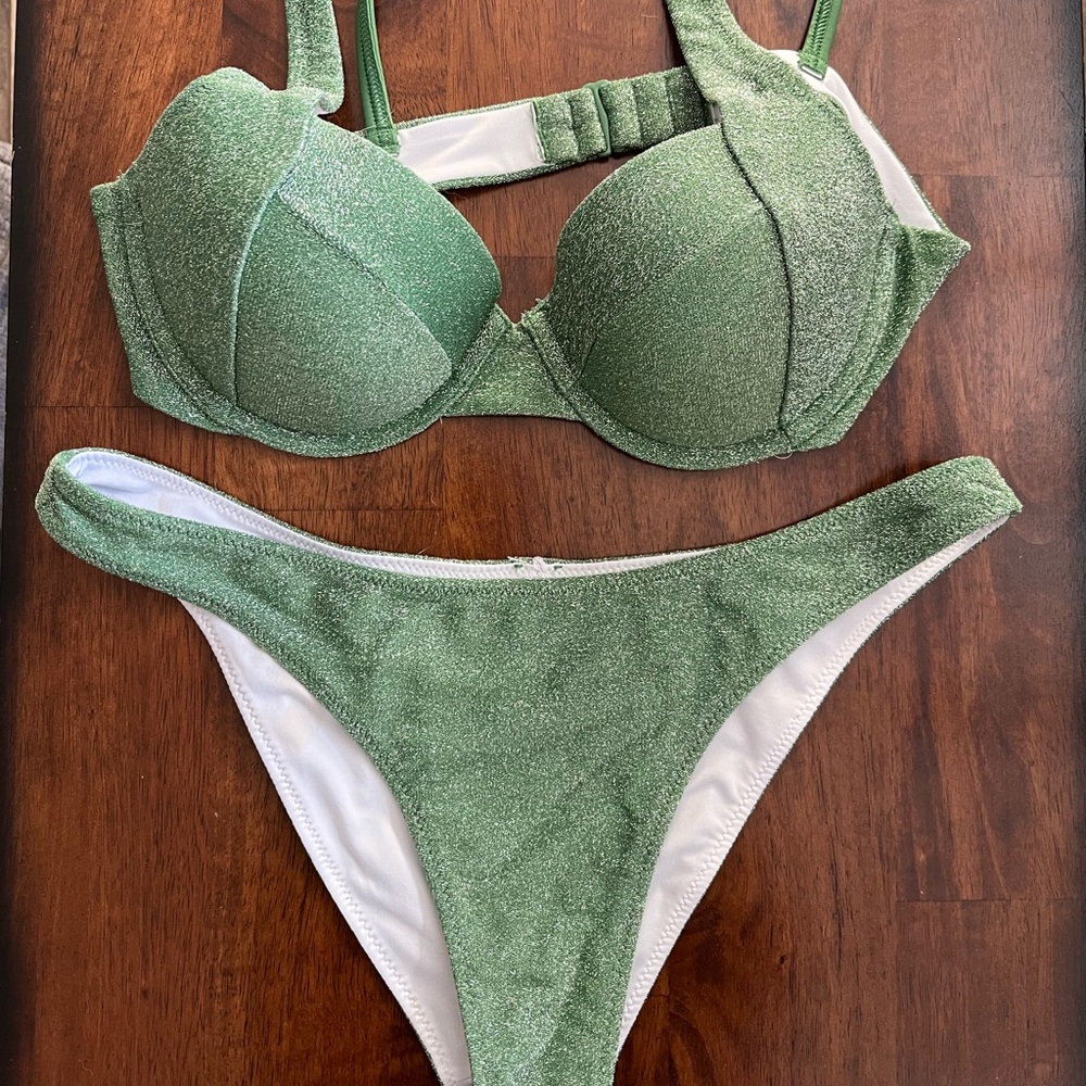 Victorias Secret Bikini Green Sparkle NWOT M top S bottom
